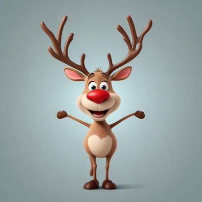 A cartoon reindeer smiles with outstretched arms