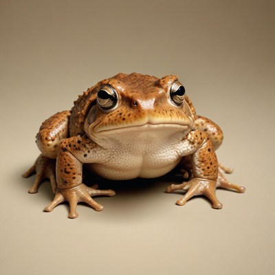 A brown toad sits on a light brown surface