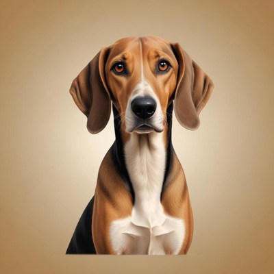 A brown and white dog stares intently at the camera