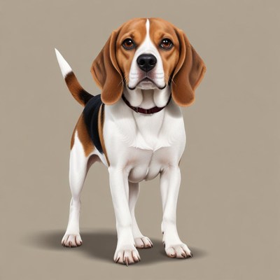 A beagle stands on a neutral background