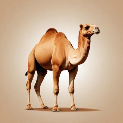 A camel stands on a sandy surface