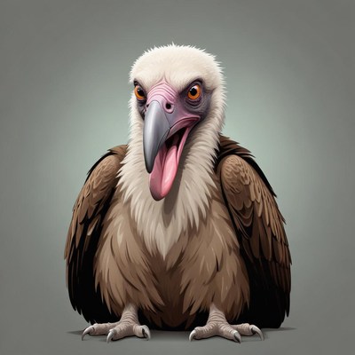 A brown vulture with a white head sits with its mouth open
