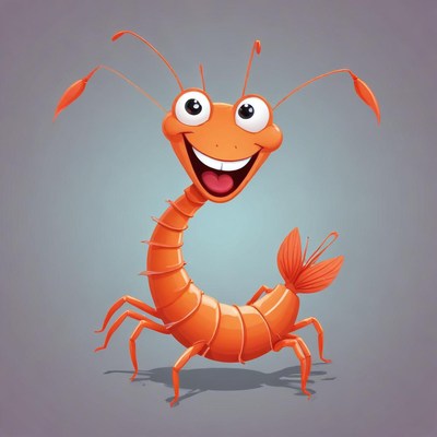 A cartoon shrimp smiles cheerfully