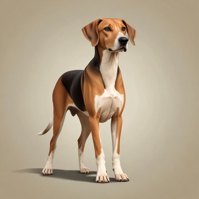 A handsome foxhound stands against a brown backdrop