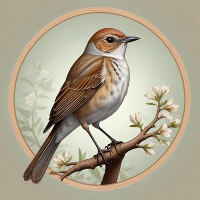 A brown bird perches on a branch with white flowers