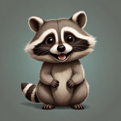 A cartoon raccoon stands with a smile