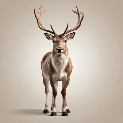 A brown deer stands in front of a light brown background