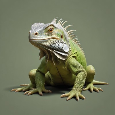 A green iguana sits on a green background