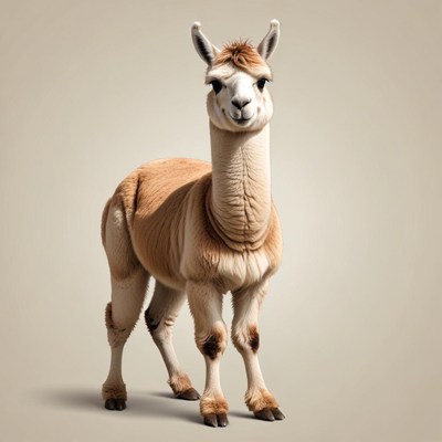 A brown alpaca stands in front of a light background