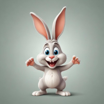 A happy bunny with big, blue eyes smiles and welcomes you