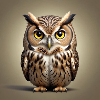 A brown owl with yellow eyes stares directly at the camera