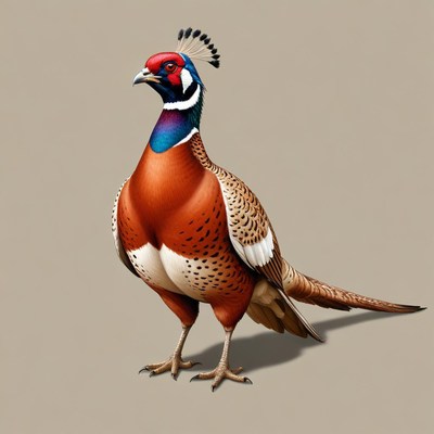 A male ring-necked pheasant stands on a neutral background