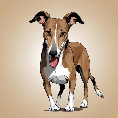 A brown and white dog stands with its tongue out