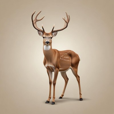 A brown deer stands in front of a light brown background