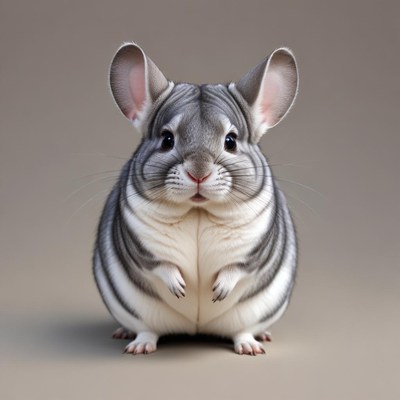 A fluffy chinchilla sits in front of a neutral background