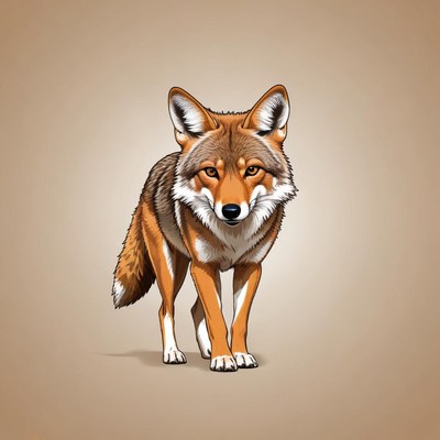 A red wolf stands on a tan background