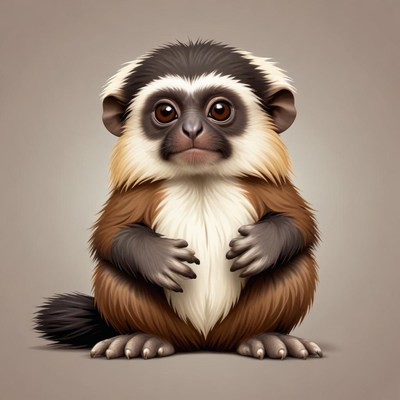 A small monkey with big eyes sits with its paws crossed