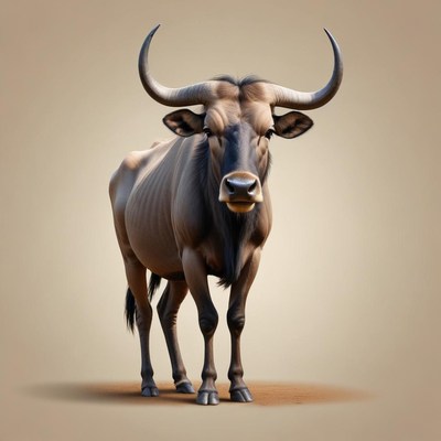 A brown wildebeest stands on a sandy background