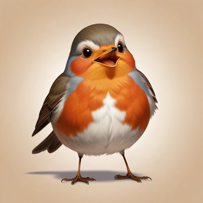 A happy robin stands on a tan background