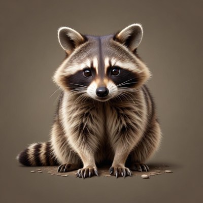 A raccoon sits on a brown background
