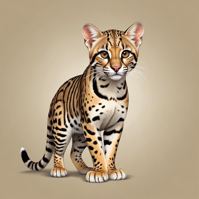 A young ocelot stands on a light brown background