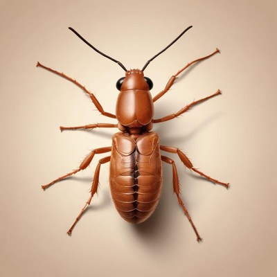 A brown beetle with long legs sits on a beige surface
