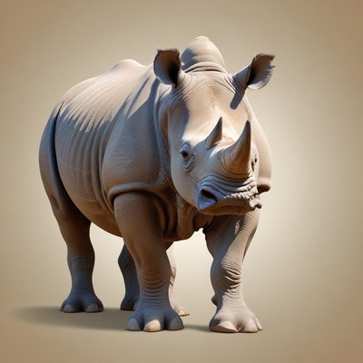 A white rhinoceros stands on a beige background