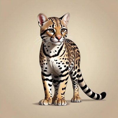 A ocelot stands alert, ready to pounce