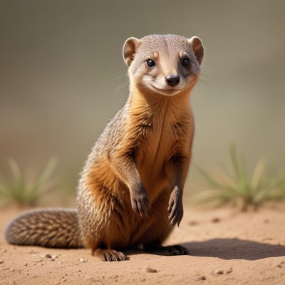 A mongoose sits on the sand, looking directly at the camera