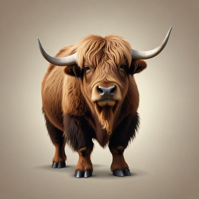 A highland cow stands on a beige background