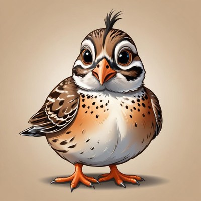 A cute cartoon quail stands on a beige background
