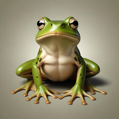 A green frog sits on a plain background