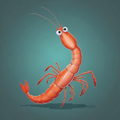 A red shrimp with big eyes stands on its tail