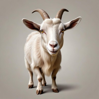 A white goat stands in front of a gray background