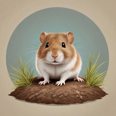 A cute hamster sits on a dirt mound with grass