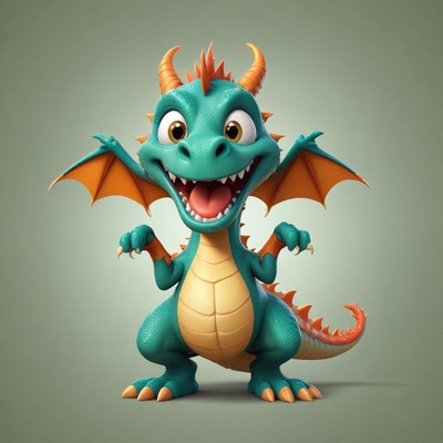 A happy, green dragon smiles with its wings spread out