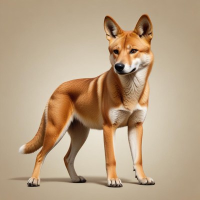 A dingo stands alertly in a studio setting