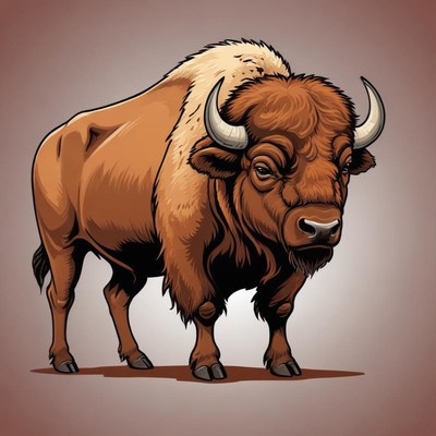 A brown bison stands with a serious expression