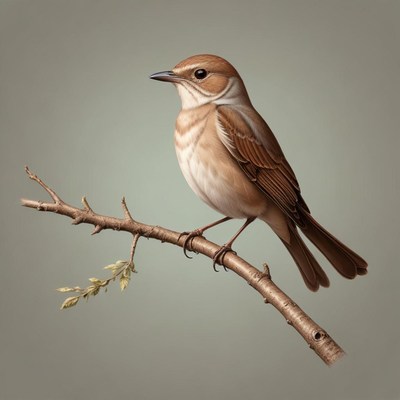 A small brown bird perches on a twig