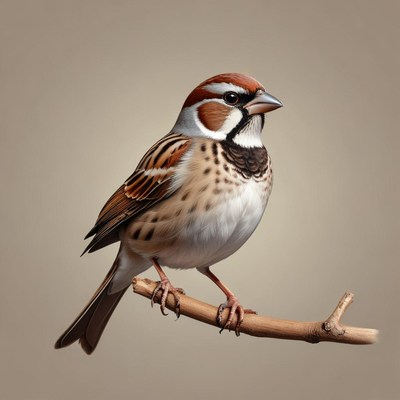 A small brown and white bird perches on a twig