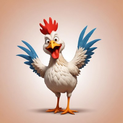 A happy cartoon chicken waves its wings