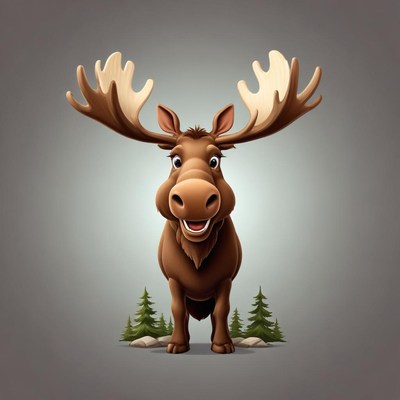 A happy moose stands in front of trees