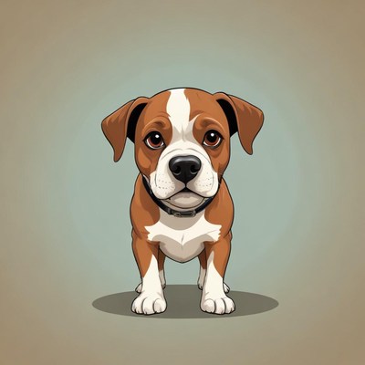 A brown and white puppy looks directly at the viewer