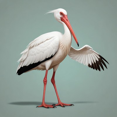 Ibis raises a wing against a blue backdrop