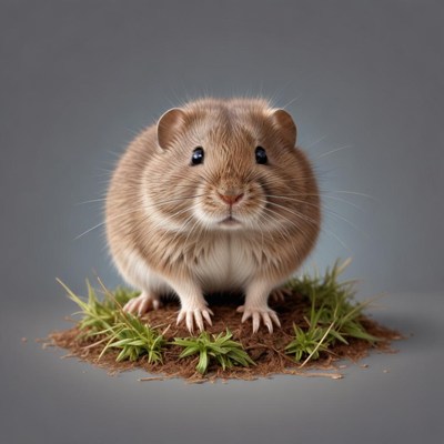 A fluffy hamster stands on a small patch of grass