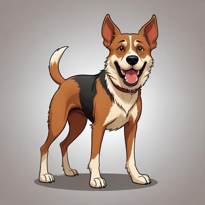 A happy dog stands in front of a gray background