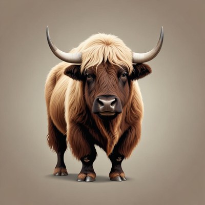 A shaggy brown yak stands on a light brown background