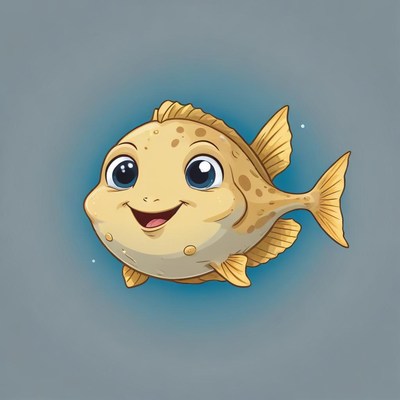A cartoon fish with big eyes swims in the water