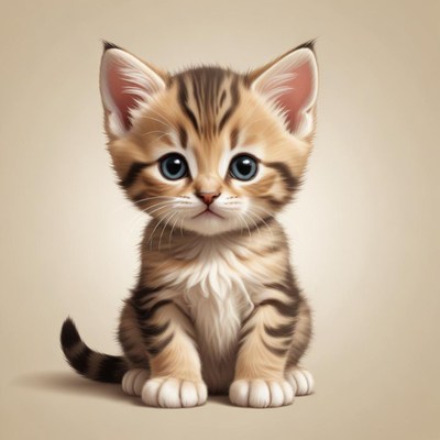 A cute tabby kitten sits on a light brown background