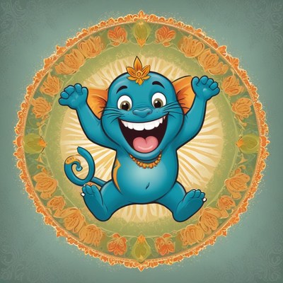 A blue cat with a big smile jumps in the air